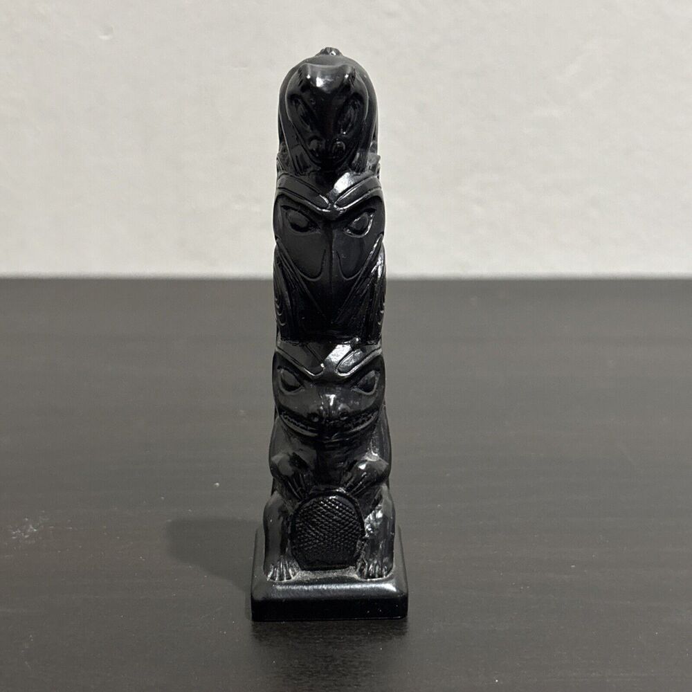 Vintage BOMA Canada Handcarved Black Resin Tiki Totem Pole, Indigenous Art 4.5”